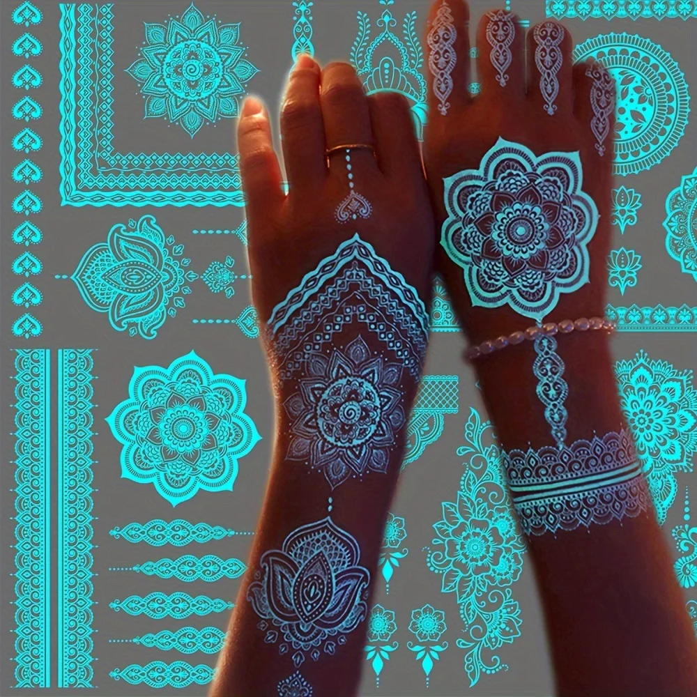 

6Pcs Blue glowing tattoo sticker girl, tribal white lace lotus tattoo mandala flower fake jewelry pendant pattern, shining water