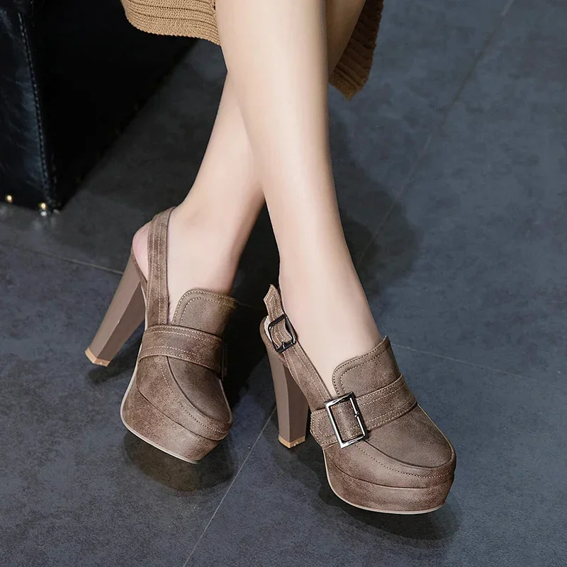 Summer Women Platform Pumps Black Grey High Chunky Heel Sandals Party Office Lady Sexy Round Toe Vintage Buckle Strap Slingbacks