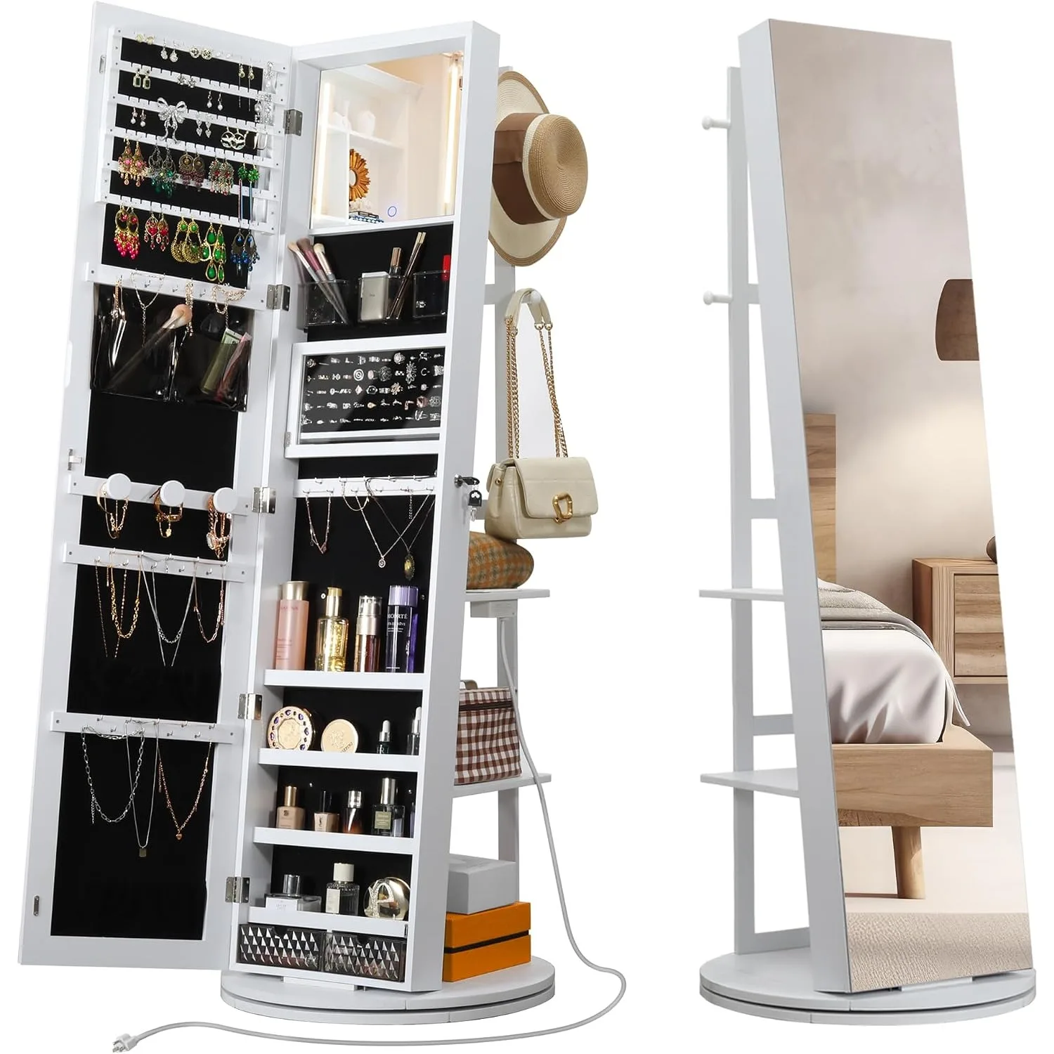 360° Swivel Jewelry Cabinet with Full-Length Mirror, Power Outlet | Lockable Standing Jewelry Organizer with Rear Storage Shelves, Interior Mirror, LED Lights, White