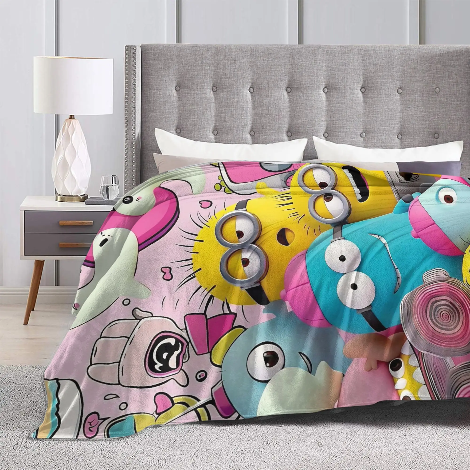 Cute Anime M-Miniones Blanket Fleece Decoration   Multifunction Super Warm Throw Blanket for Home Office Plush Thin Quilt
