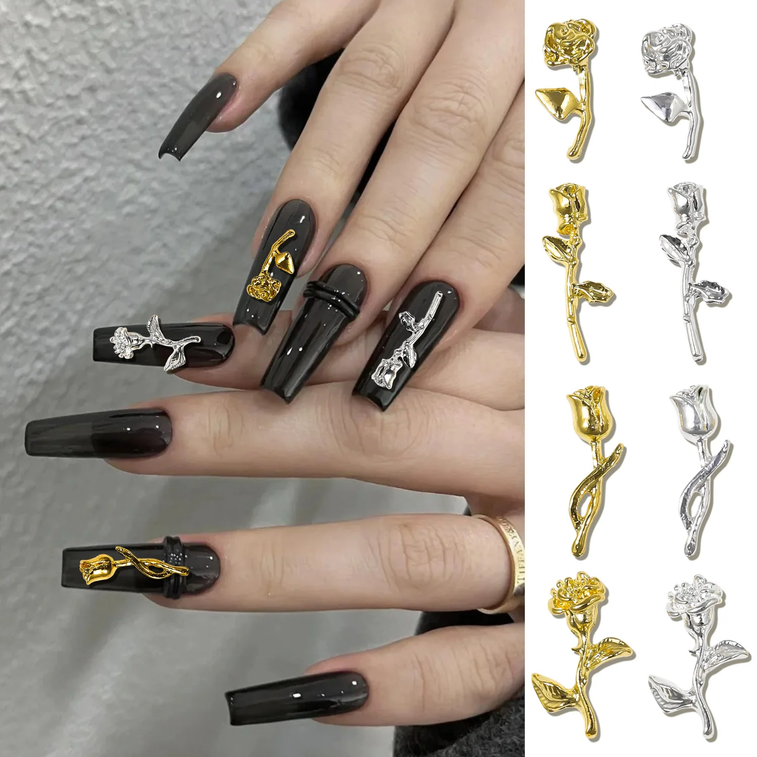 

40PCS Gols Silver Metal Rose Bud Nail Art Charms Tulip Branch Accessories Parts For Nails Decoration Manicure Supplies Material