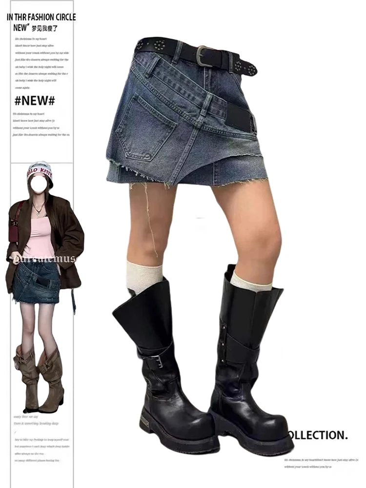 

2025 Autumn Winter Women Harajuku Gyaru 2000s Mini Denim Skirt Design Cyber Punk Japanese Y2k Goblin Core Coquette Irregular