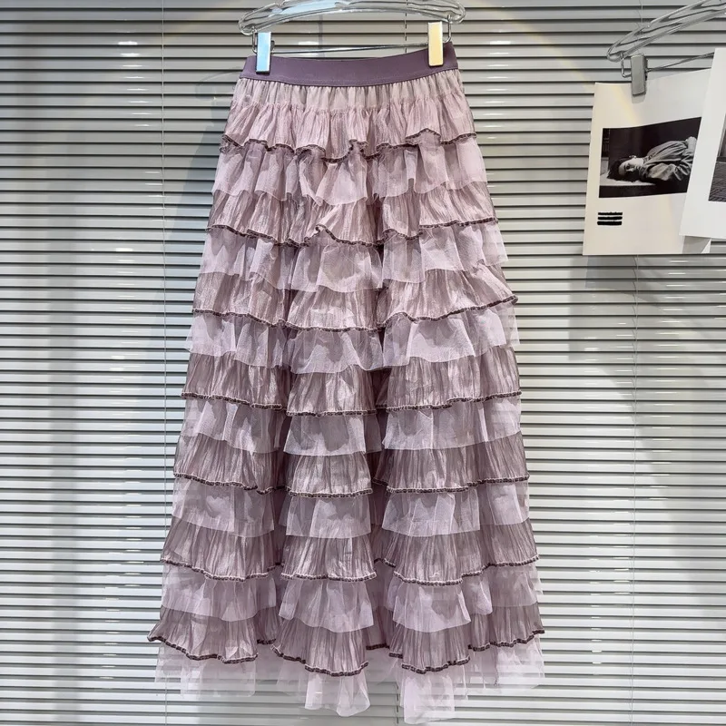 

BORVEMAYS Ruffles Mesh Skirts Women High Waist Knee-length Patchwork Loose Elegant Summer New 2024 Fashion WZ8703