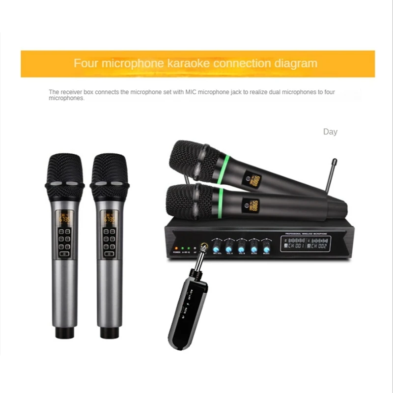 Wireless Microphone Professional Handheld 2 Channels UHF Mic Adjustable Band Reverberation For Stage Karaoke Party