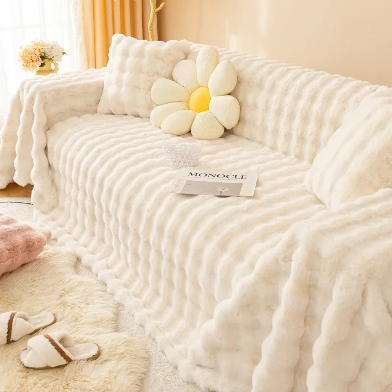 New Rabbit Fur Sofa Cover Winter Cr Universal Sofa Protector  Claw Resistant Dustproof Home Fabric Sofa eet M078