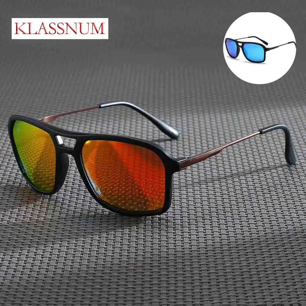 

KLASSNUM Classic Men Square Polarized Sunglasses Retro Double Bridge Frame Outdoor Driving Fishing Shades Color Mirrored Lens