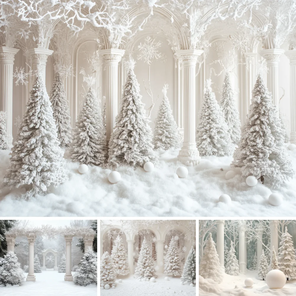 Pure White Palace Column Snow Christmas Tree Photography Backdrop Snowflake Scene Fabric For Kids Winter Holiday Studio Shoot