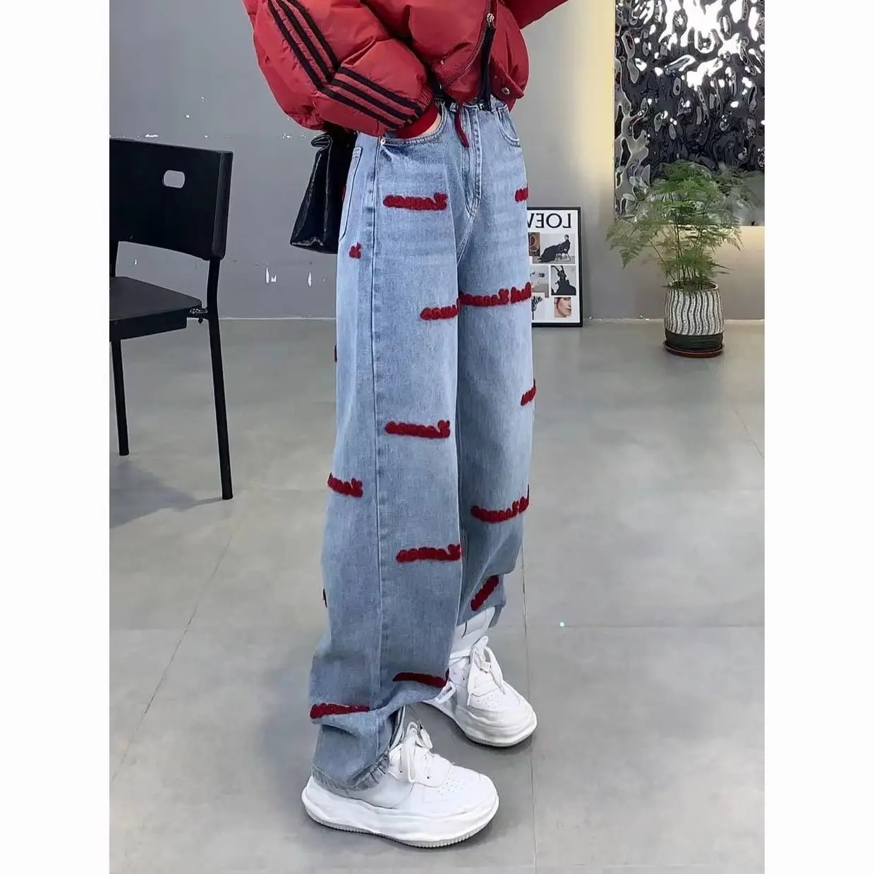 

Women's Jeans Wide Leg Pants Retro Letters Embroidery Trousers Oversized Harajuku Street Casual Ladies Y2k Denim Pants Jeans