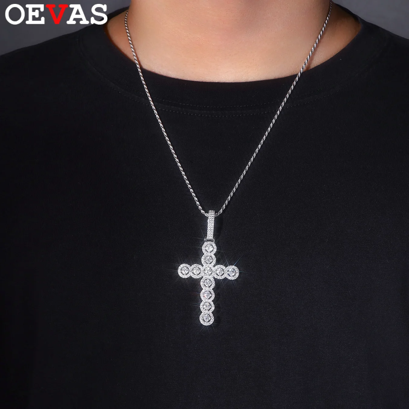

OEVAS Full Moissanite Cross Pendant Necklace For Man Women S925 Silver 18K white gold plated Couple necklace Party Fine Jewelry