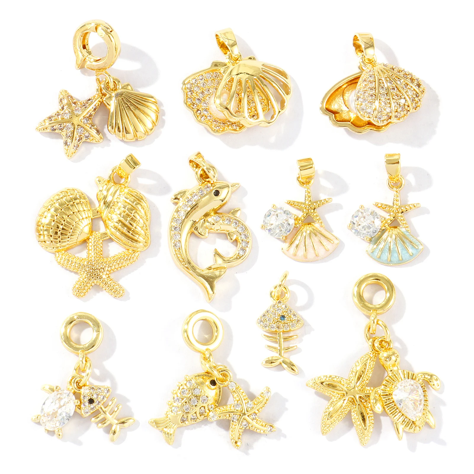 2 Pcs Ocean Jewelry Charms Enamel Clear Cubic Zirconia Starfish Shell Dolphin Turtle Brass 18K Gold Plated Pendants DIY Necklace