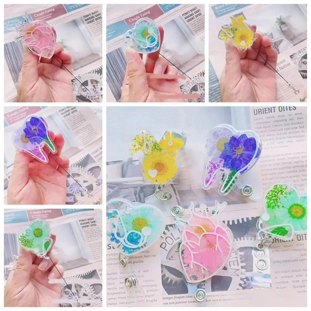 Dried Flower Flower Badge Reel Drops Of Glue True Flowers Easy Pull Buckle Tooth Heart Shape 360 Rotating ID Card Clips