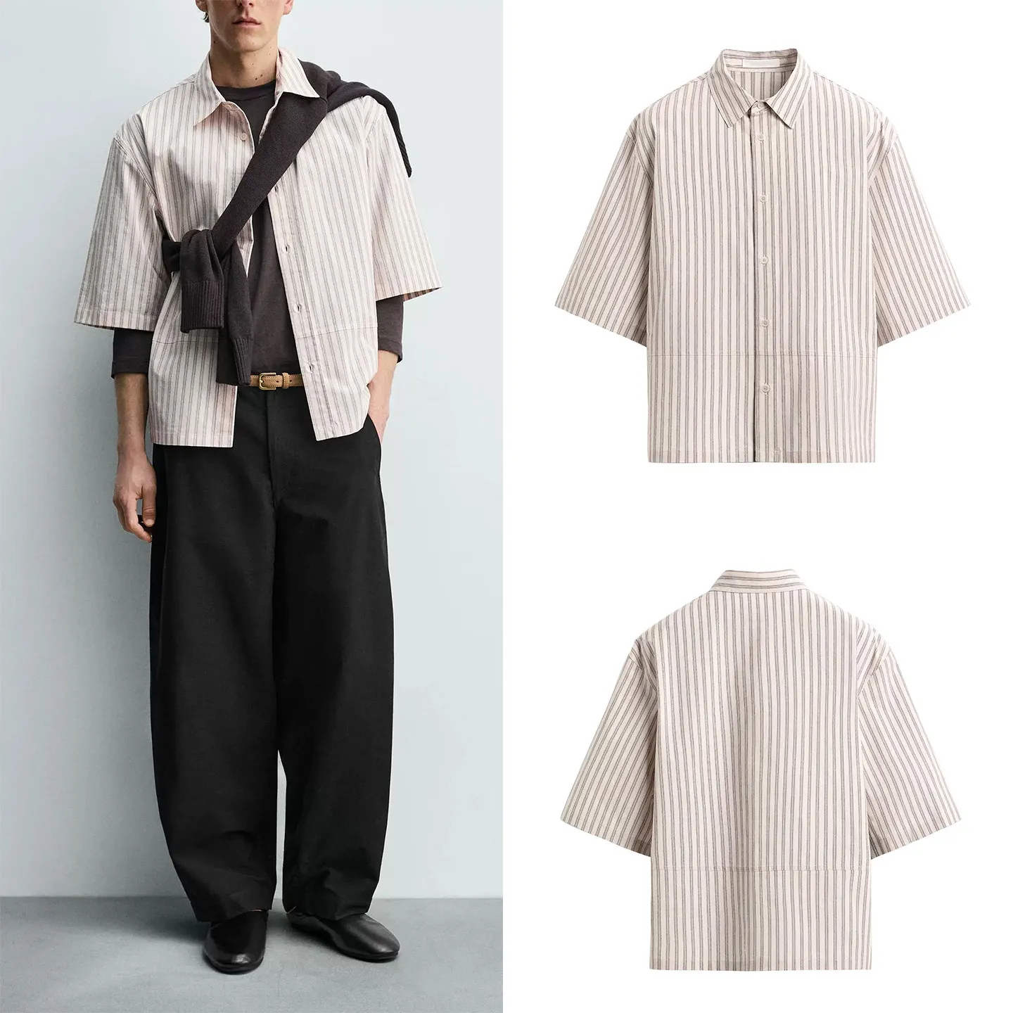 

Men's Fashionable Striped Loose Short Sleeve Shirt Turn-down Collar Summer 2026 Casual Wear Comfortable Fit European Style