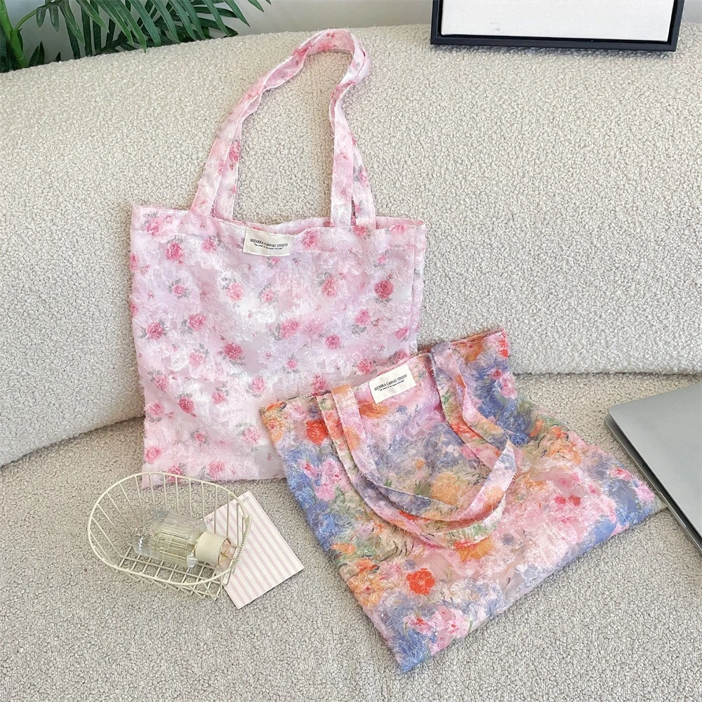Korean Elegant Flowers Tote Bag for Women Large Capacity Casual Shoulder Bag Fashion Handbag Students School Bag