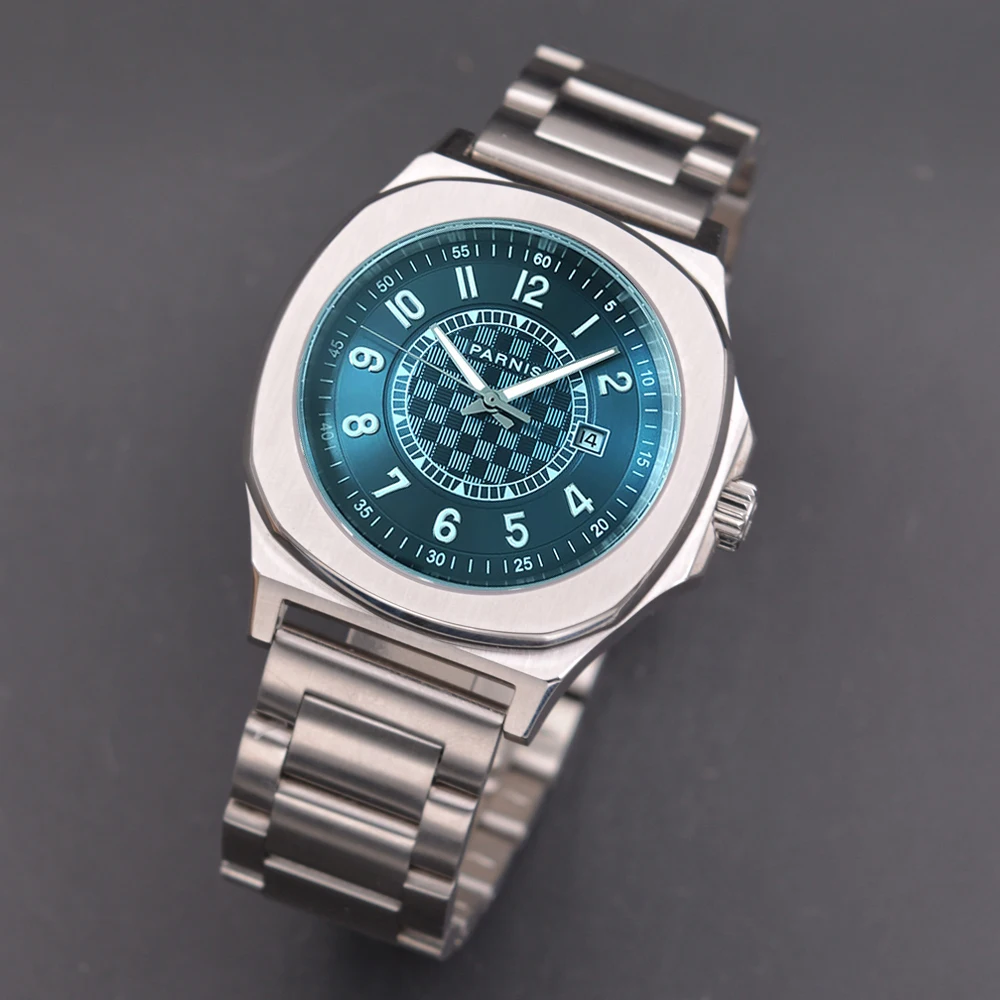 2024 luksusowy Parnis 42MM niebieska tarcza mechaniczny automatyczny zegarek męski szafirowe szkło kalendarz męski zegarek na rękę relogios masculino prezent