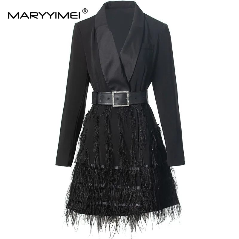 

MARYYIMEI Women's Streetwear Black Coat Autumn and Winter Long Sleeved Lace-Up Slim Feathers decorated Short S-3XL Overcoat