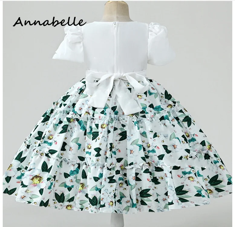 Annabelle Flower Girl's Long Dress Puffy Flower Baby Wedding Cute Short Sleeve dress White Dress Priness Girl Bow Dresses