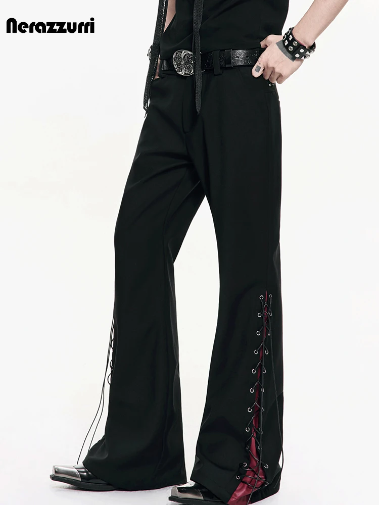 Nerazzurri Spring Autumn Long Black Straight Pants for Men High Waist Luxury Designer Lace Up Punk Style Menswear Clothing 2026