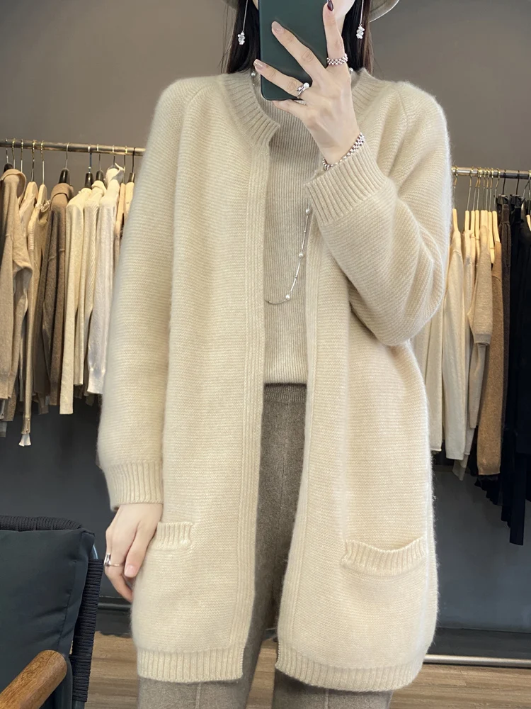 Aliselect Women O-neck Long Style Cardigan Casual Loose Long Sleeve 100% Merino Wool Knitwear Sweater Spring Autumn Clothing