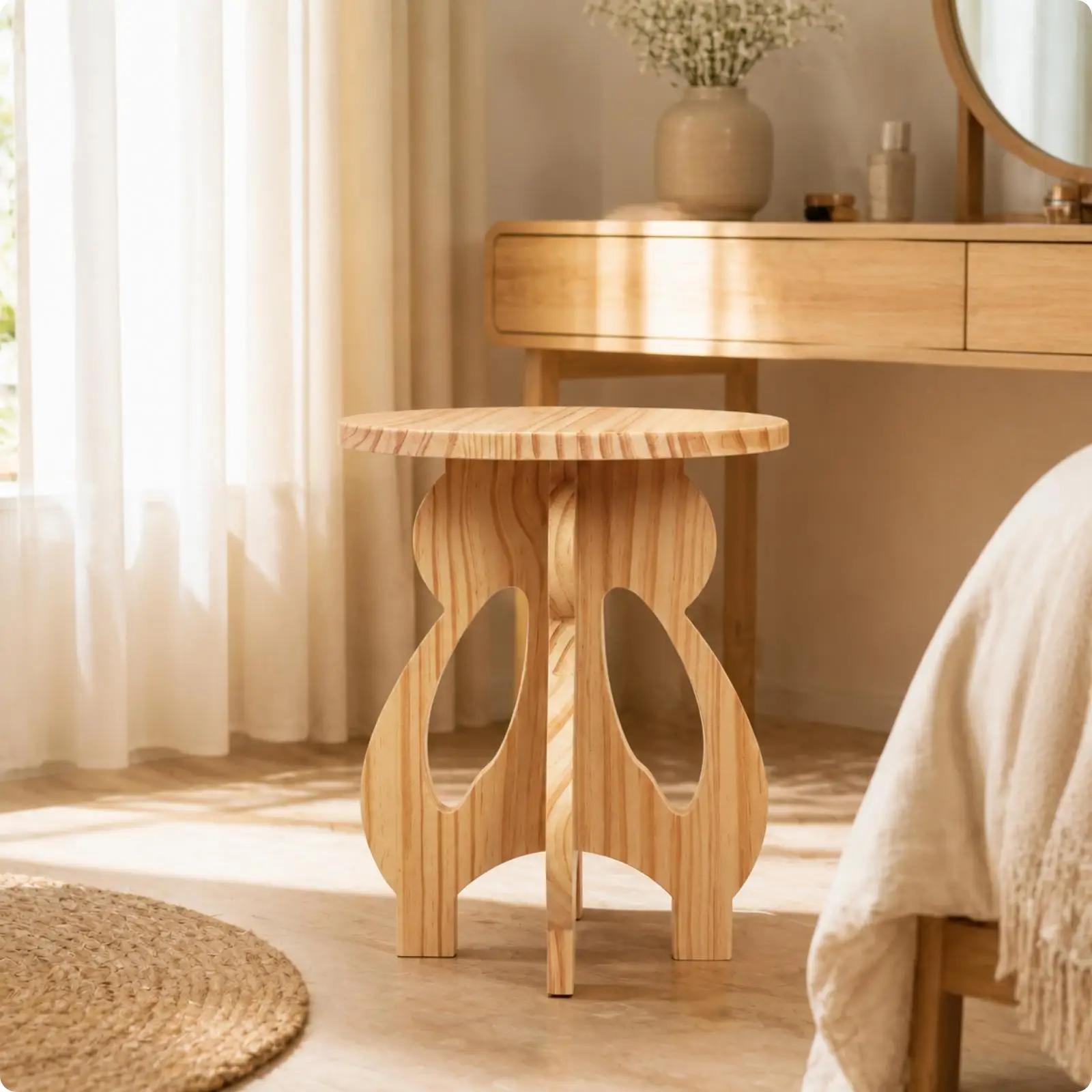Wood Stool for Occasional Perch in Bedroom Compact 30cm Height with Flat for seat and Curved Legs