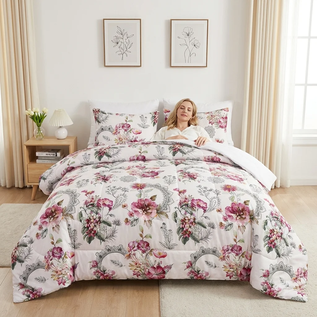 Floral Botanical Comforter Set 2/3‑Piece Vintage Flower Print Bedding Set, Soft Microfiber Lightweight Quilt Set with Pillowcases, All Season Bedroom Decor Bedding