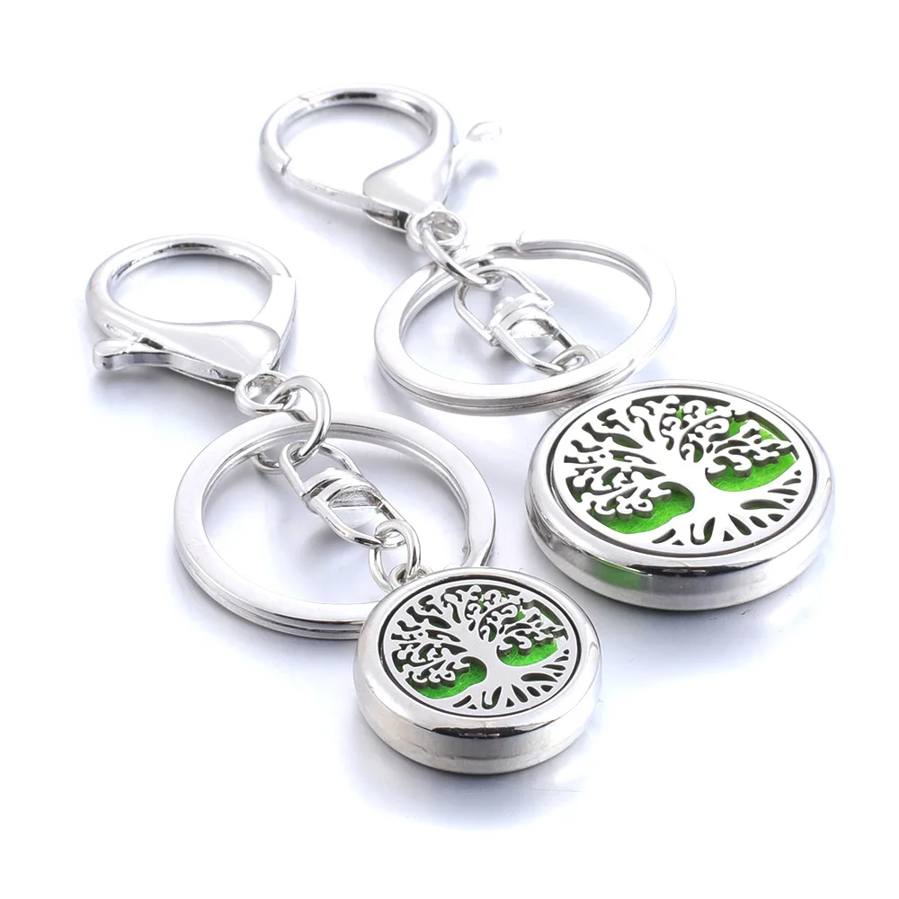 10pcs Fashion Heart Tree of Life KeyChain Stainless Steel Essential Oil Diffuser Perfume Aromatherapy Locket Key Rings Jewelry