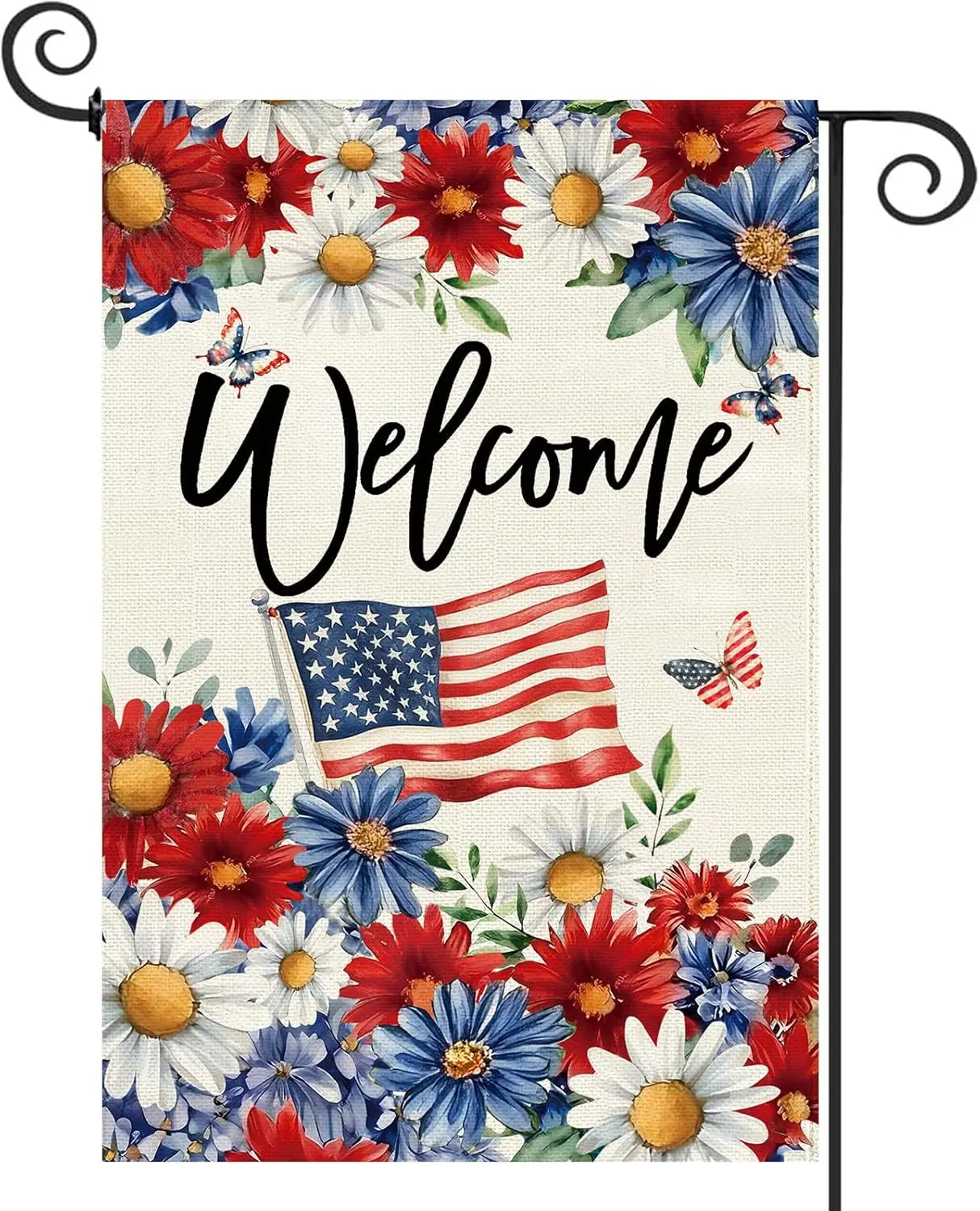 Baccessor Patriotic Daisy Garden Flag 12.5 X 18 Inch Double Sided Burlap, 4th of July Memorial Day Red and Blue Flower Welcome G
