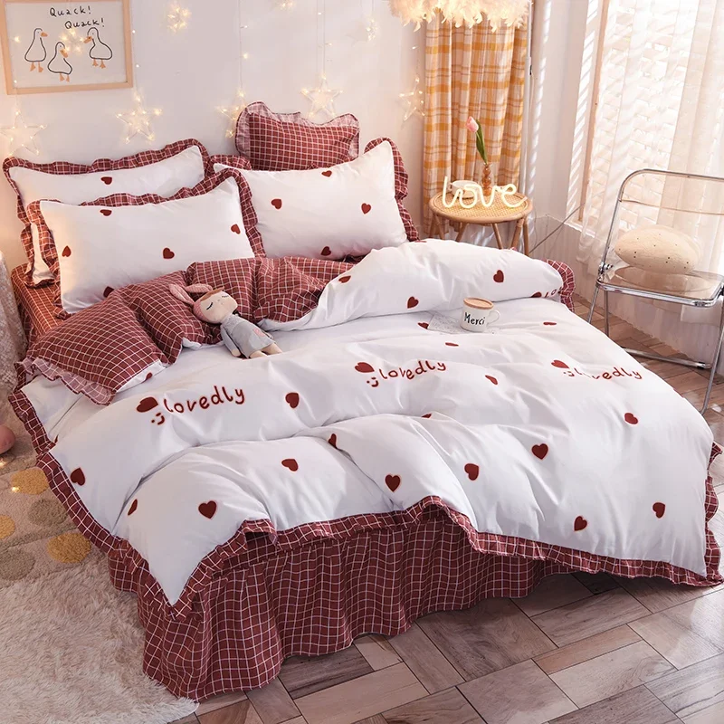 Cute Love Heart Duvet Cover Queen Size 3 Piece Reversible Bedding Set Romantic Heart-Shaped Pattern Quilt Cover with Pillowcase