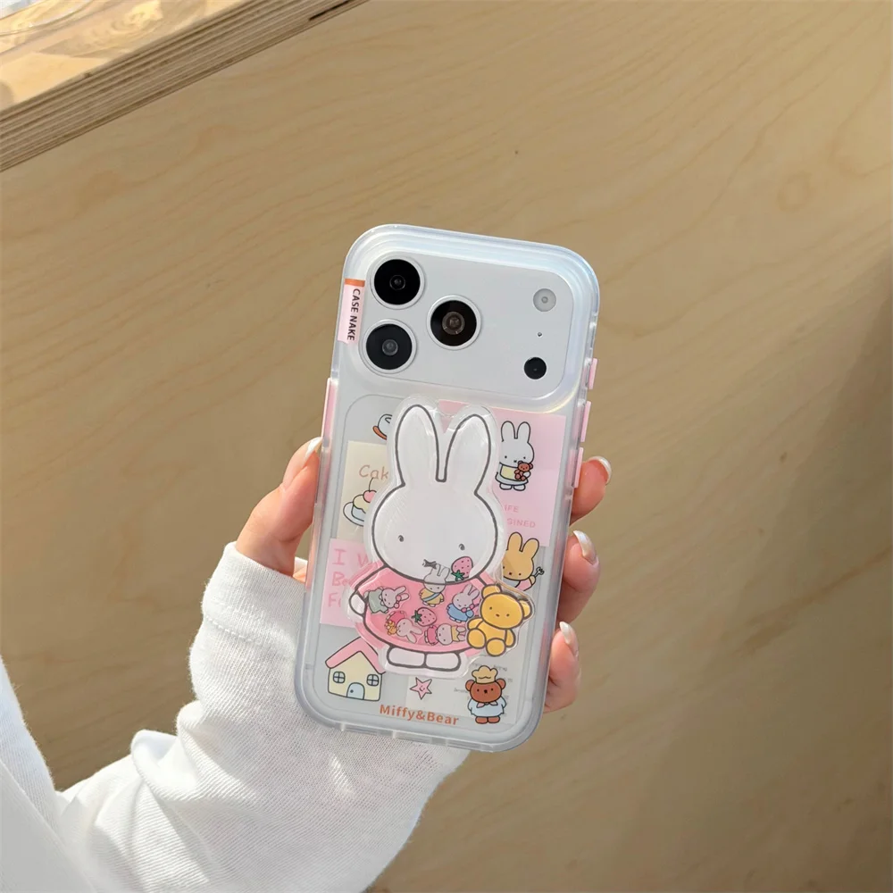 Kawaii Miffy Bear Sticky Note Phone Case For iPhone 15 16 17 18 ProMax Acrylic Stand Shockproof Clear Anti‑Drop Hard Cover Women