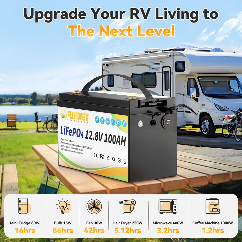 LiFePO4 배터리 12V 100Ah BMS100A 인버터 태양광 오프로드 오프 그리드 태양 에너지 딥 사이클용 충전식 리튬 배터리 팩