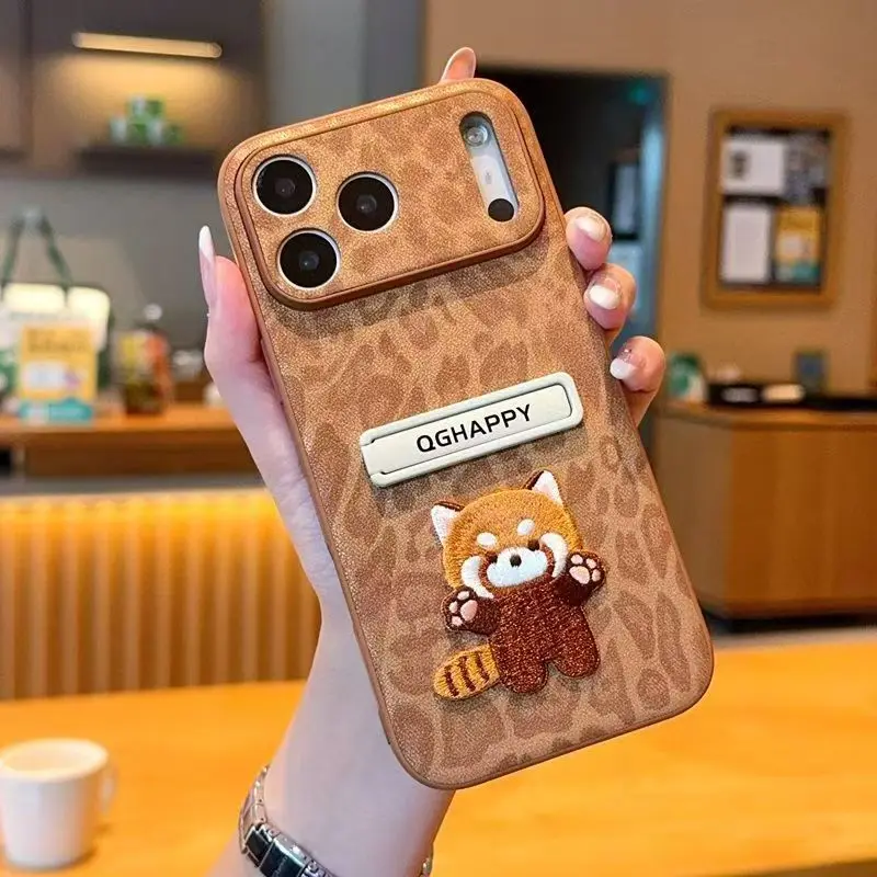 

Case For iPhone 17 Promax 16 Pro Plus Embroidered Cute Kitten Meow Leopard Stand Holder Camera Protect Cover JSMLDXZ