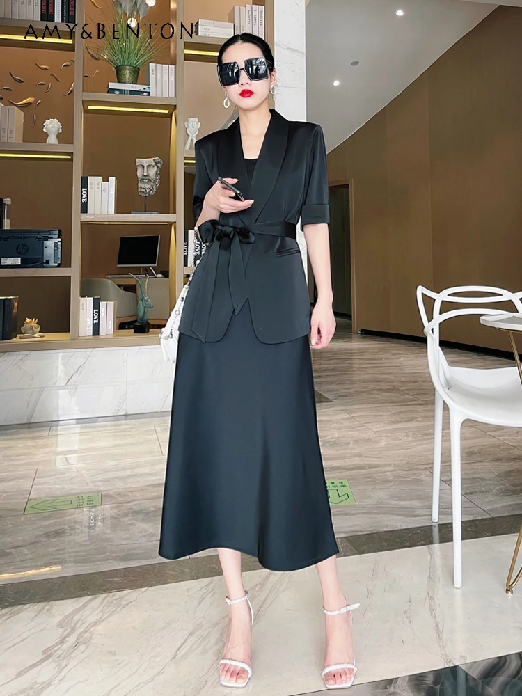 

European High-End Temperament Acetate Satin Suit Jacket Sling Dress Two-Piece Sets Women Fashion Graceful Socialite Dress Sets