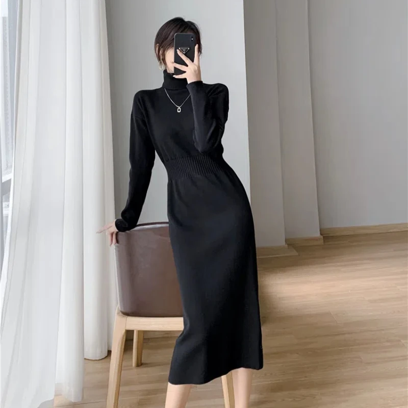 Women\'s Turtleneck 2024 Autumn Black Elegant Long Sleeve Knitted Dress White High Waist Knit Bodycon Midi Sweater Dresses Simpl