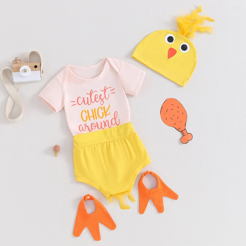 Baby Boy Girl Easter Chick Costume Outfit Short Sleeve  Romper Shorts Set Newborn Infant Clothes 4pcs