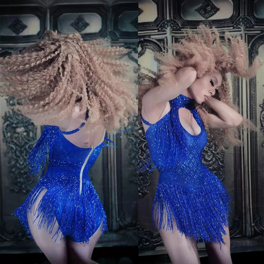 Party Rhinestones Long Fringed One-Piece Squares Waist Sexy onesies Stage Costumes