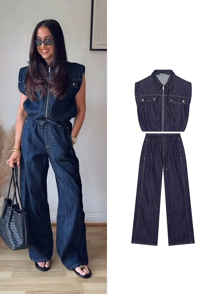 TFMLN Fashion Ladies High Street Denim Trouser Set Lapel Sleeveless Vest Zipper Coat Elastic Waist Wide Leg Pants Chic Sets