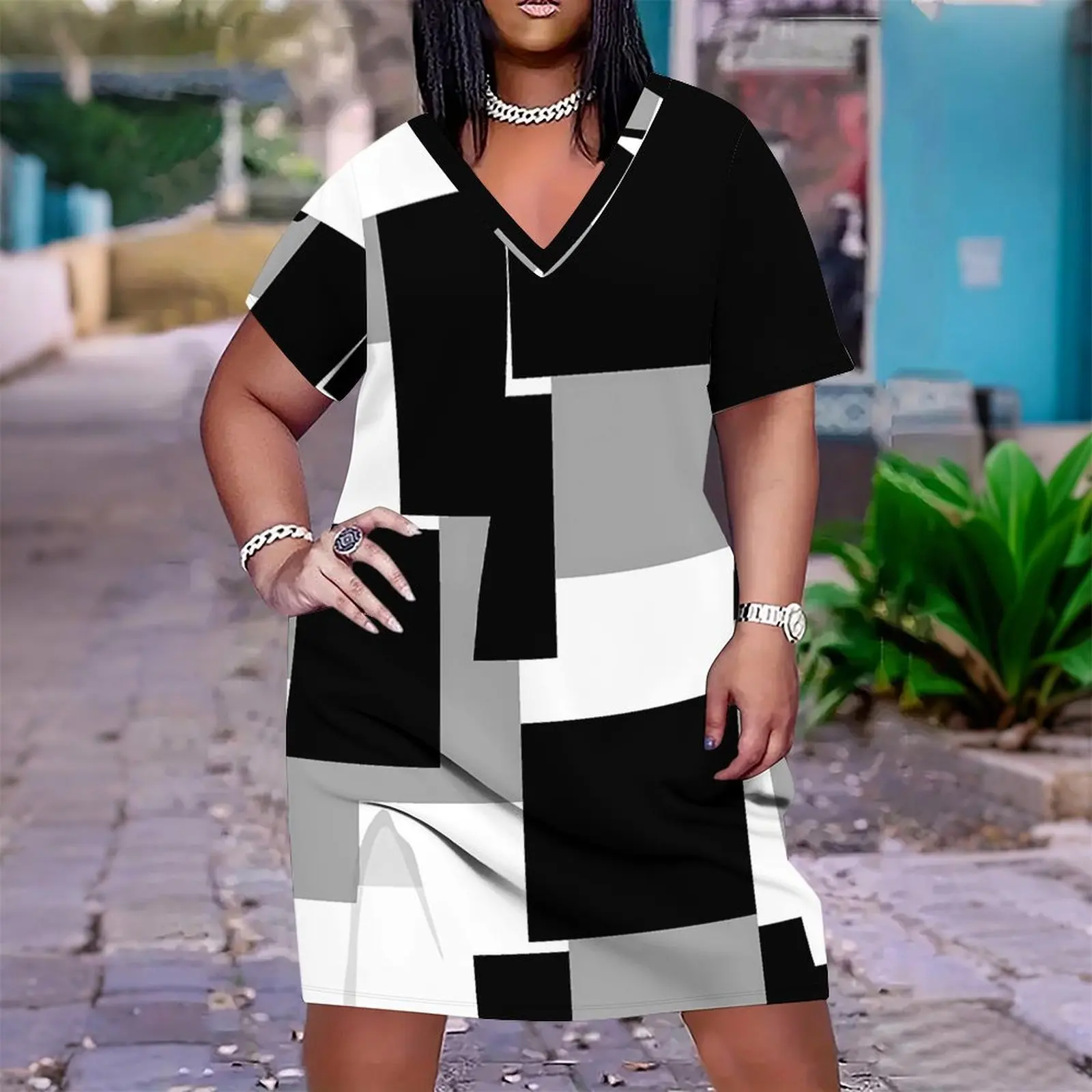 Plus Size Summer Mini Skirt Women's Commuting Casual Short-sleeved Skirt Ladies Sexy V-neck Printed Dress Daily Wear