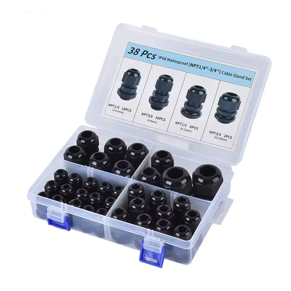 Waterproof Cable Gland Cable Entry IP68 for 3-6.5mm 1/2 NPT 3/4 NPT 3/8 Black Nylon Plastic Connector with Box