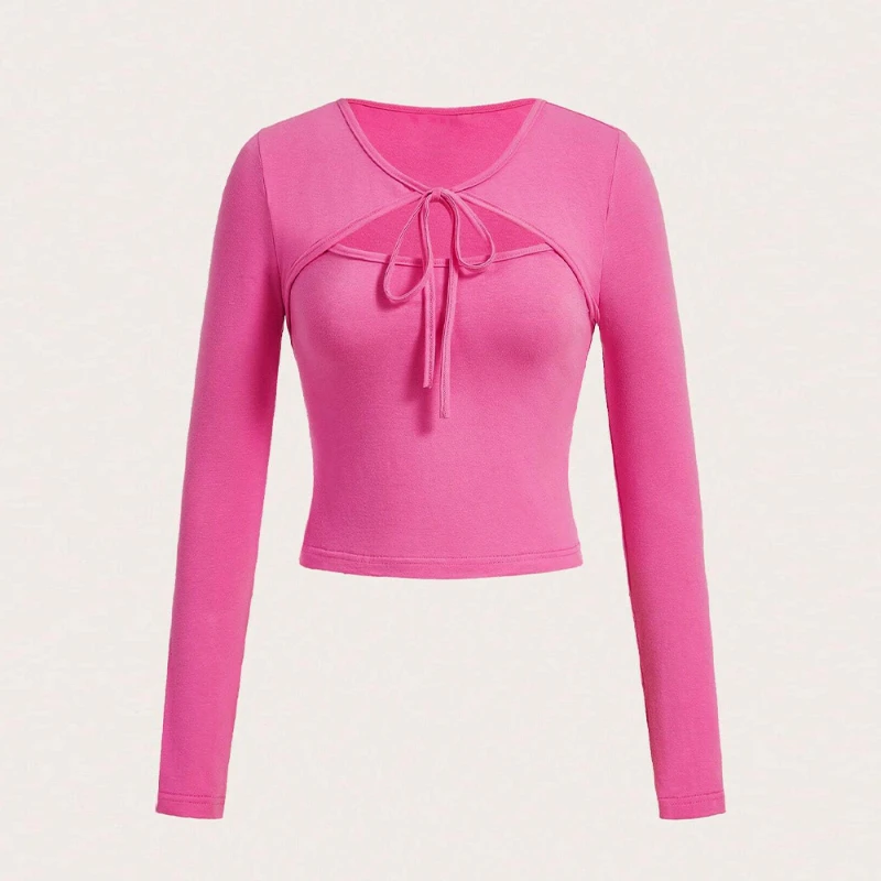 

New Women Round Neck Slim Sexy Hollow Strap Long-sleeved T-shirt Temperament Top