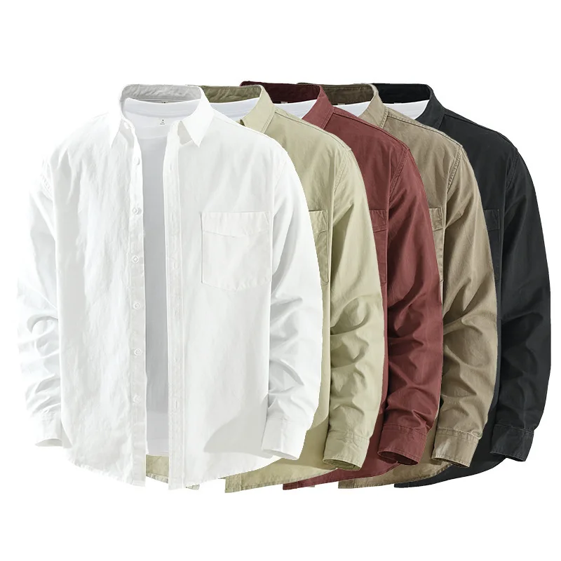 

100% Cotton Long Sleeve Men's Shirts Japanese Style Simple Mens Casual Shirts Lapel Pocket Red Shirt Daily Basic Shirt Versatile