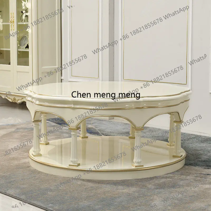 European luxury carved solid wood round coffee table French coffee table side table ivory white gold