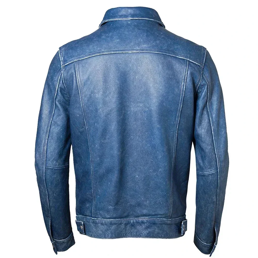 Vintage Blue Men Leather Jacket Slim Fashion 100% Natural Cowhide Jackets Man Genuine Coat Autumn Spring Asian Size M234