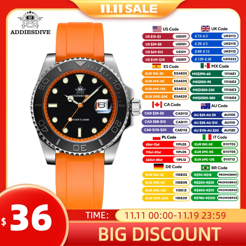 

ADDIESDIVE 8 Colors Diver Watch For Men 41mm Quartz Watch Stainless Steel Bezel Super BGW9 Luminous 200m Diving Men's Watch New