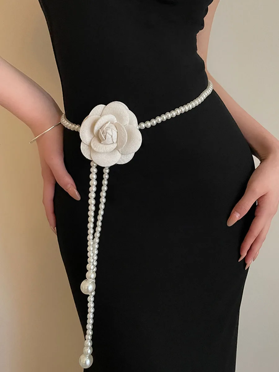 

Luxury Women's Elegant Belt Jewelry Pearl Flower Waist Chain for Girls Dress Fashion Body Accessories Sexy Party Gift Waistband