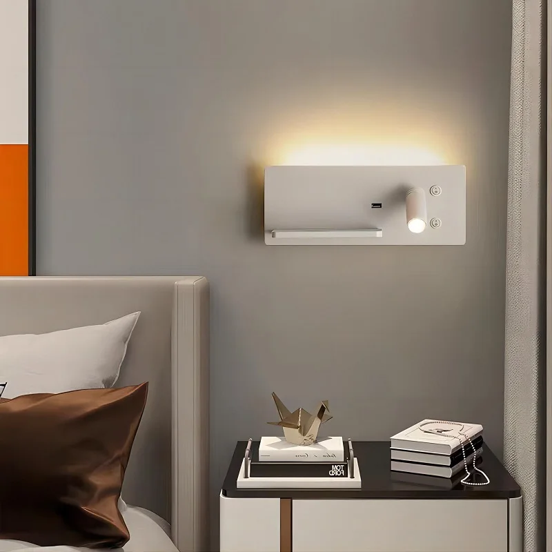 Morden Nordic Simple LED Wall Lamp Bedroom Bedside  Reading Sleep Lamp with Shelf USB Switch Wireless Charging Wall Light