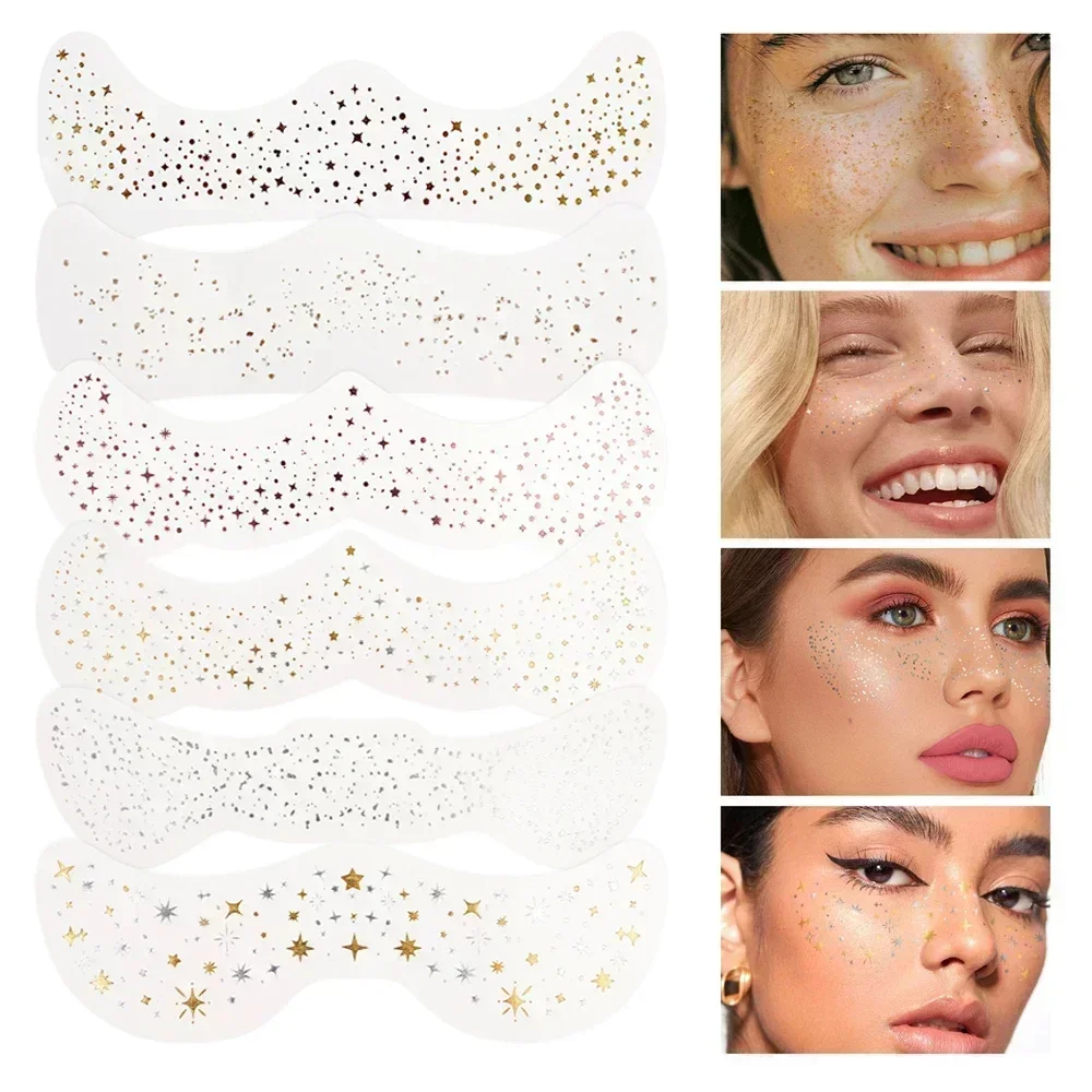 6pcs Fake Freckle Stickers for Women Waterproof Golden Silver Glitter Temporary Tattoos for Face Hot Stamping Freckles Makeup