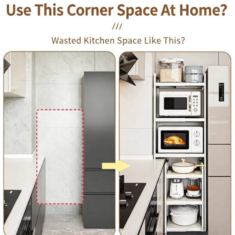 Kitchen gap storage rack floor-standing multi-layer space uses a retractable microwave rack for storage with a small cart
