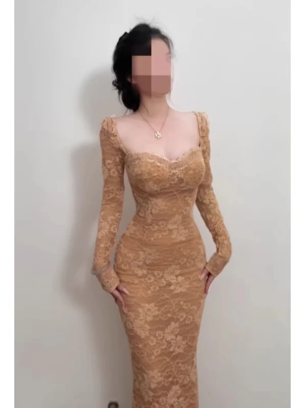 

Сексуальное кружевное длинное платье Sve Bal с квадратным воротником, женское осенне-зимнее облегающее платье для похудения, длинное покрытие для ягодиц Dr