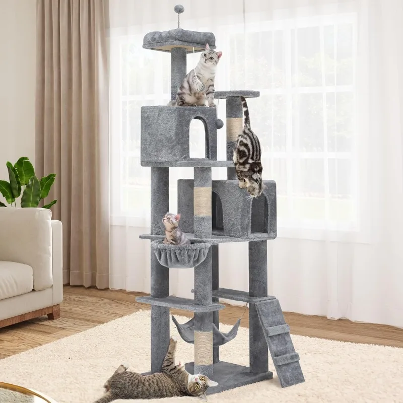 75in Cat Tree Tower for Indoor Cats, Multi-Level Cat Furniture with Scratching Posts, Cat Caves, Padded Perch, Cozy Hammock