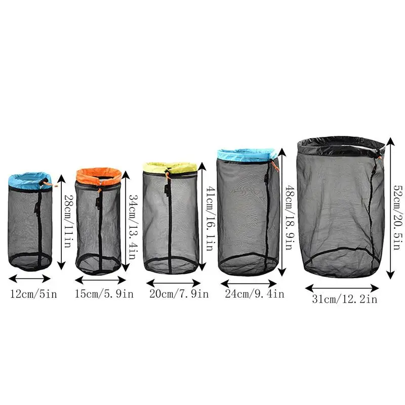 5Pcs/set Travel Mesh Stuff Sack Nylon Mesh Drawstring Storage Bag For Camping Travelling Hiking Sleeping Bag Ditty Sacks