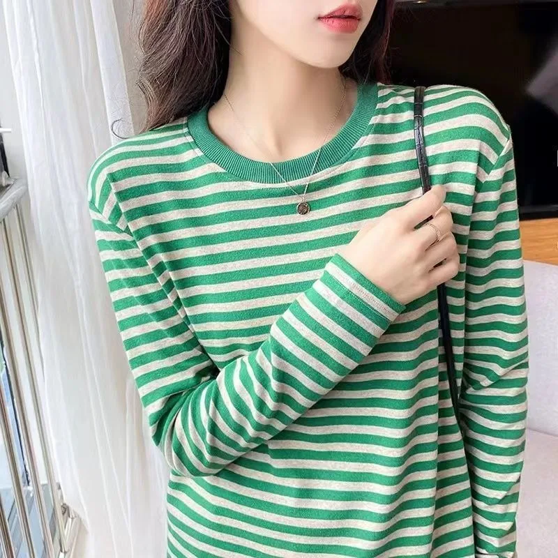 

Женская футболка с длинным рукавом и круглым вырезом, осенне-зимняя, в стиле колор-блок, в полоску, повседневная, из хлопка